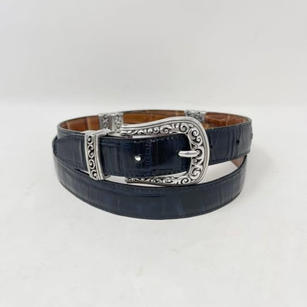 Brighton Reversible Leather Belt Wms 36 Navy Blue Brown Croc Embossed Silver